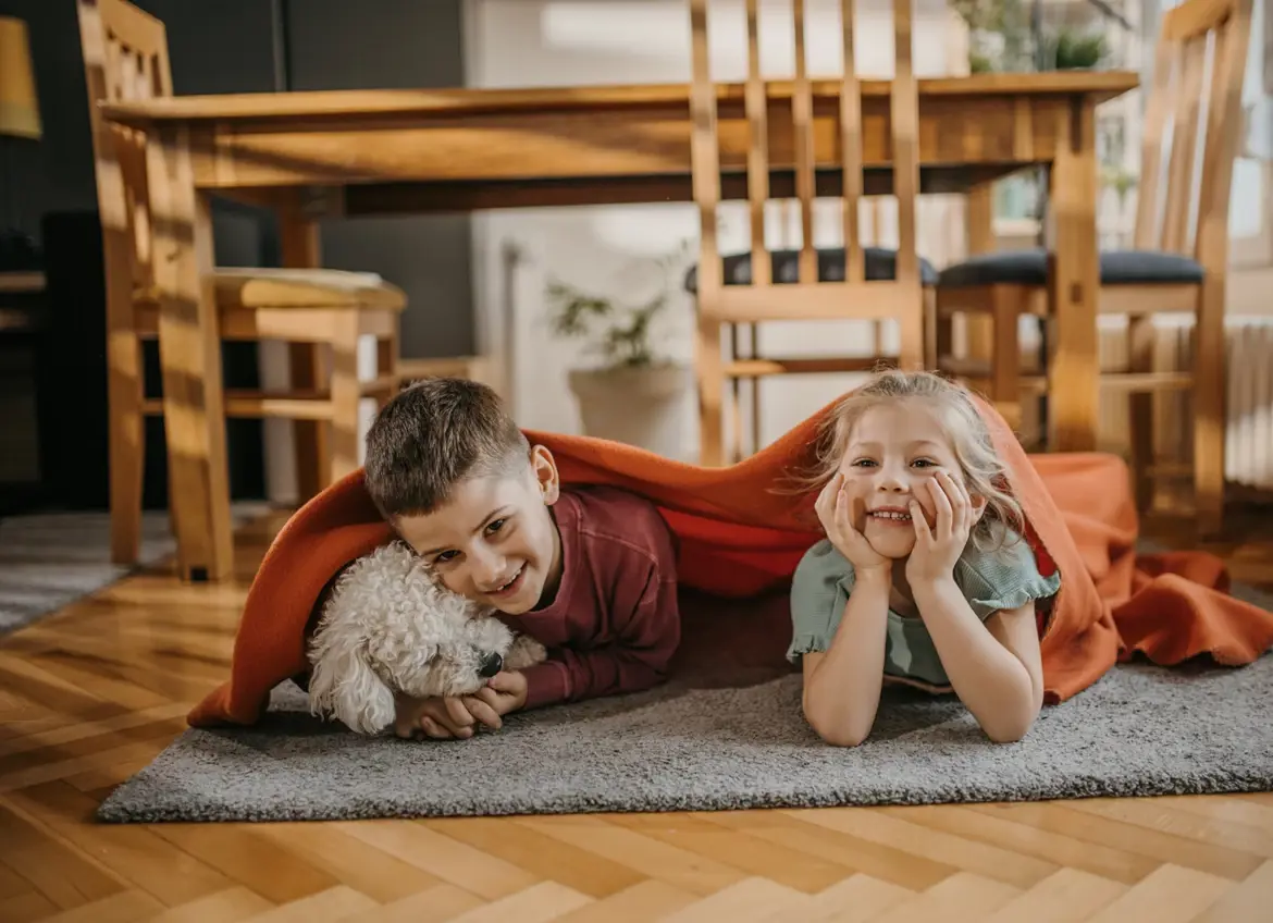 A boy and a girl lying on the floor, cuddling with a dog under a blanket