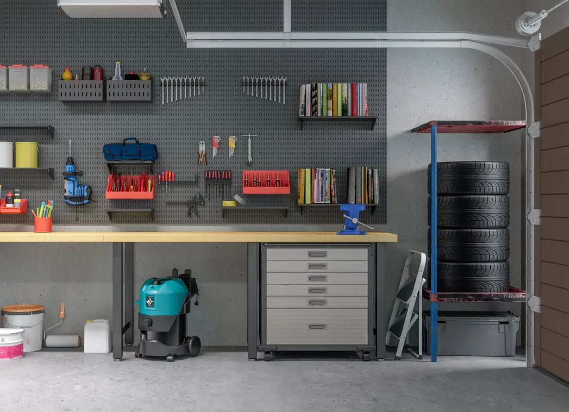 A garage with tools neatly organized on a wall