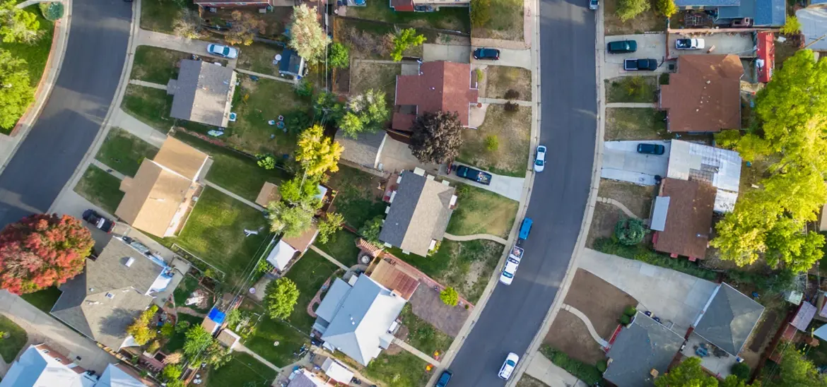 A birdeye view of a residential area with single houses