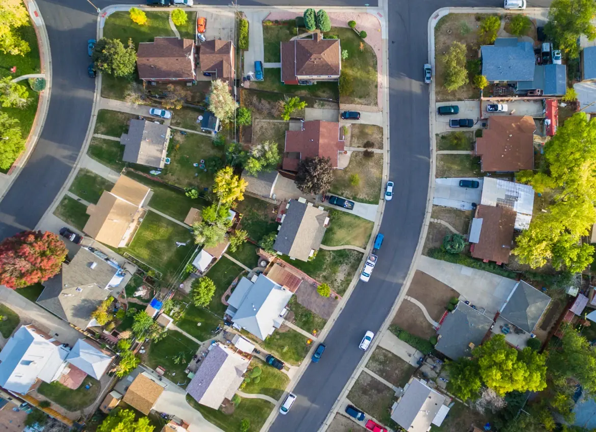 A birdeye view of a residential area with single houses